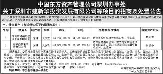 中国东方资产管理公司深圳办事处关于深圳市建新华投资发展等项目的招商及处置公告